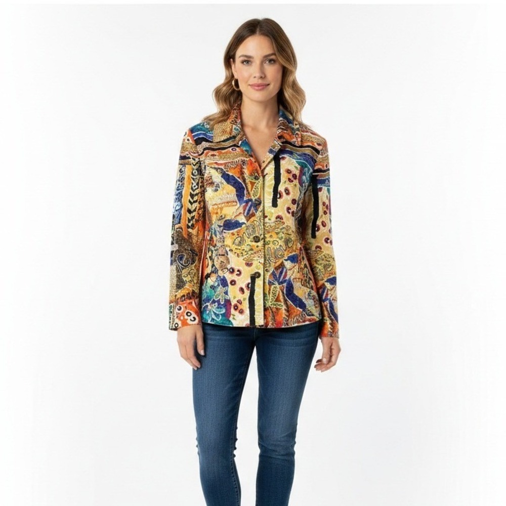 Chico's Additions Size 2 Large  Cotton Multicolor Collage Print Blazer‎ Jacket